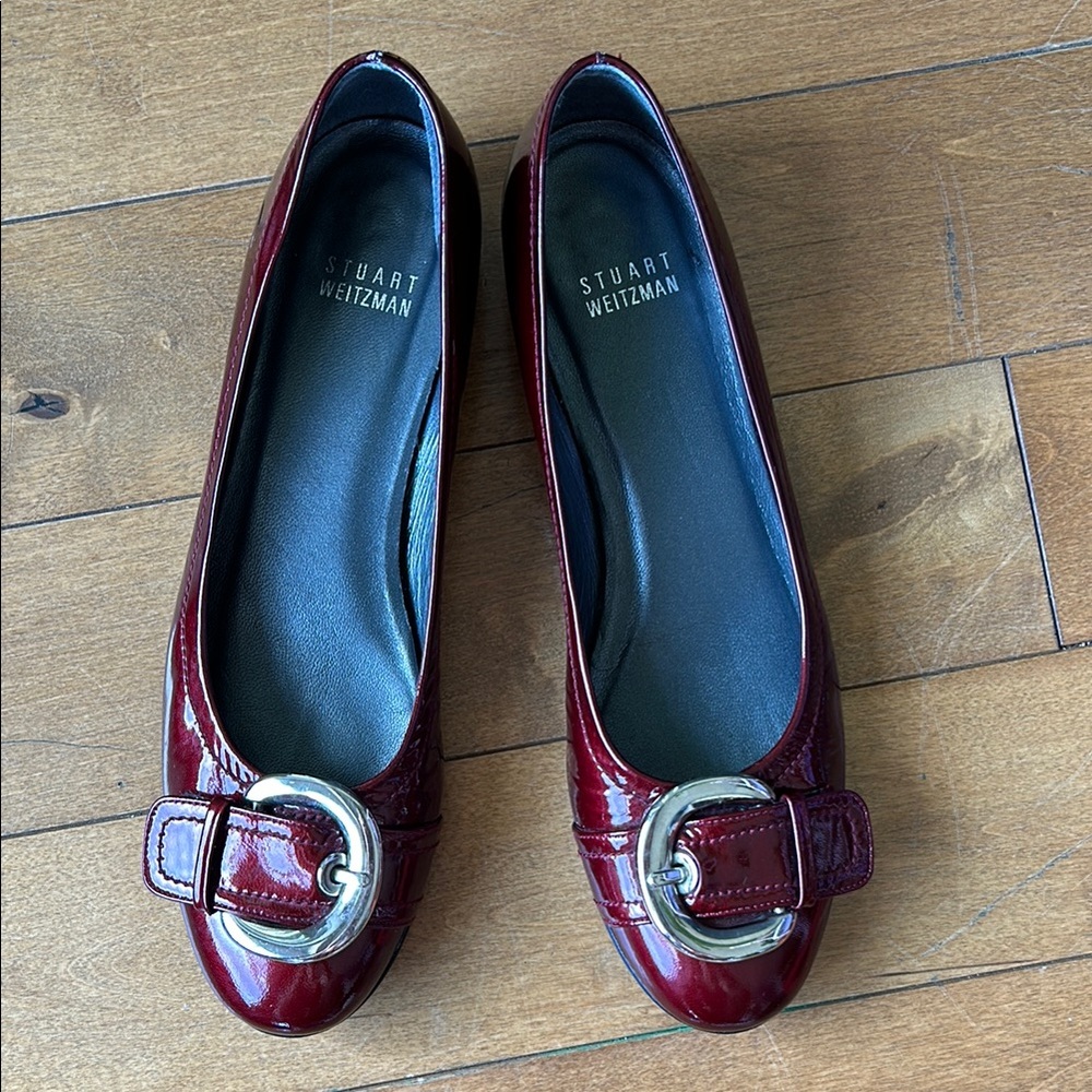 Stuart Weitzman Burgundy Patent Leather Flats with Silver Buckle